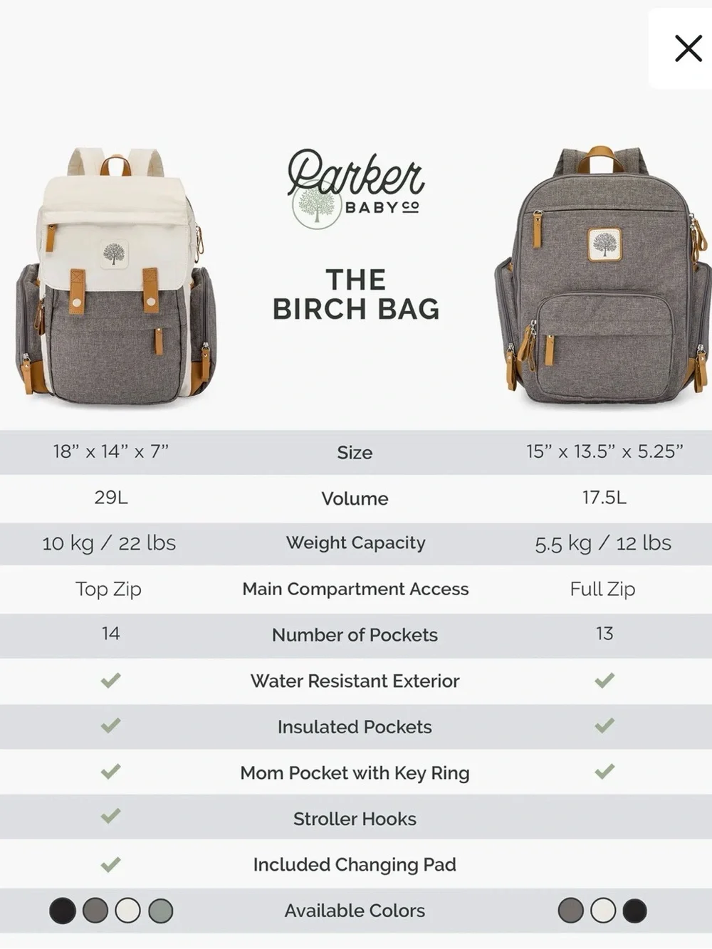 Parker Baby Co. Birch Bag  Backpack Grey Canvas